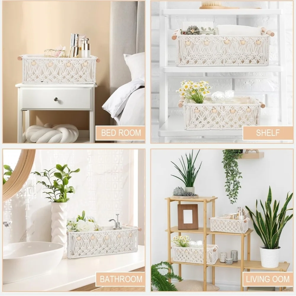 Macrame Bathroom Storage Baskets - Cream